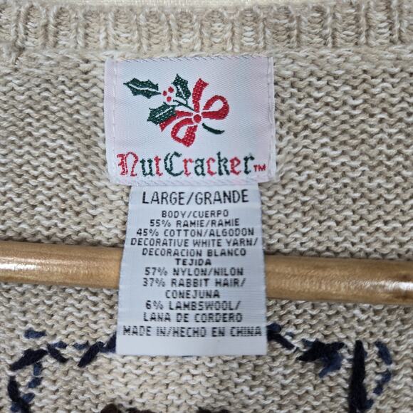 VTG Nutcracker Cardigan Sweater sz L Beige Multi Cabincore Cottagecore Holiday - Picture 10 of 14